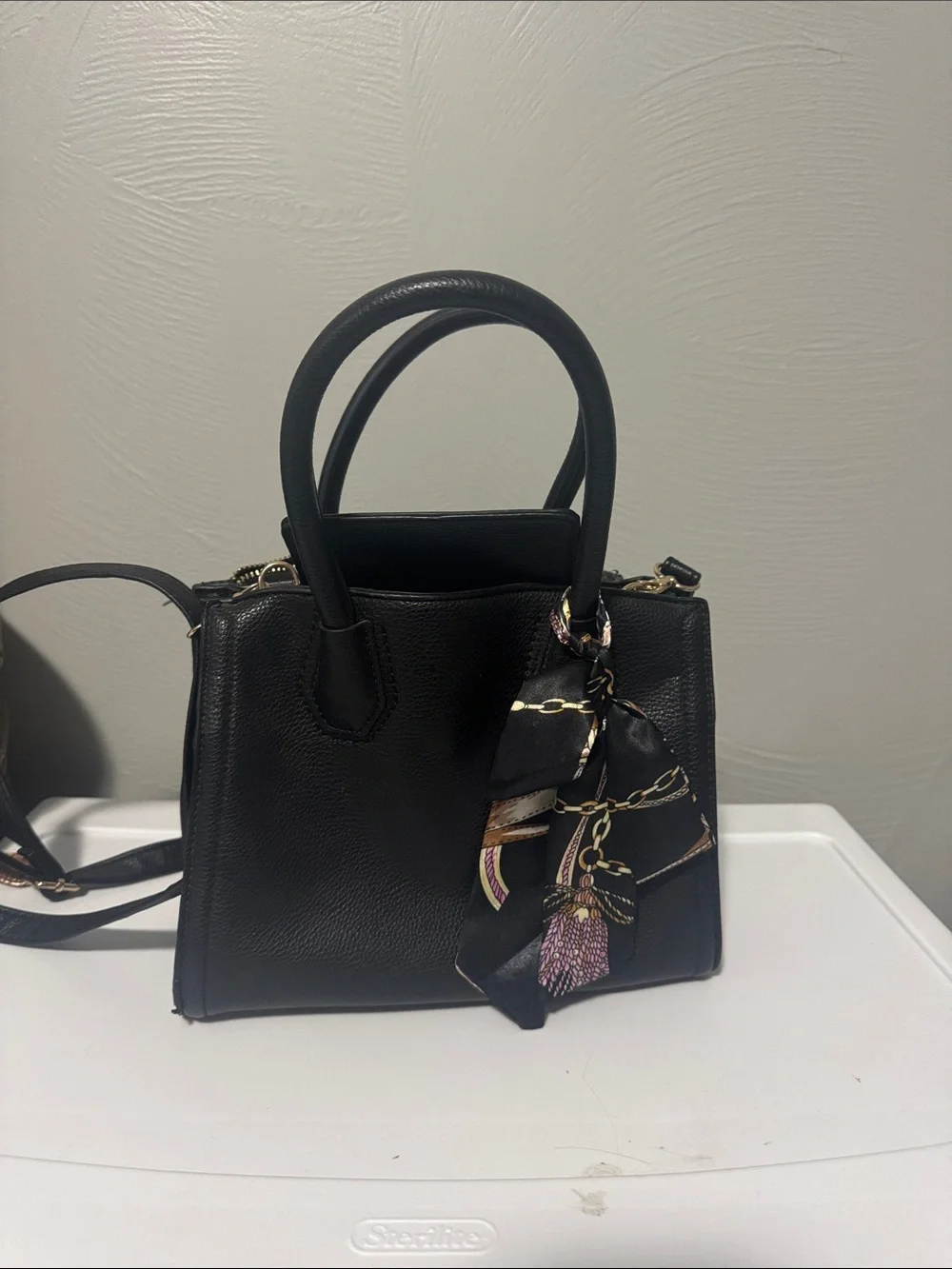 Aldo Black Satchel with Decorative Scarf Accent